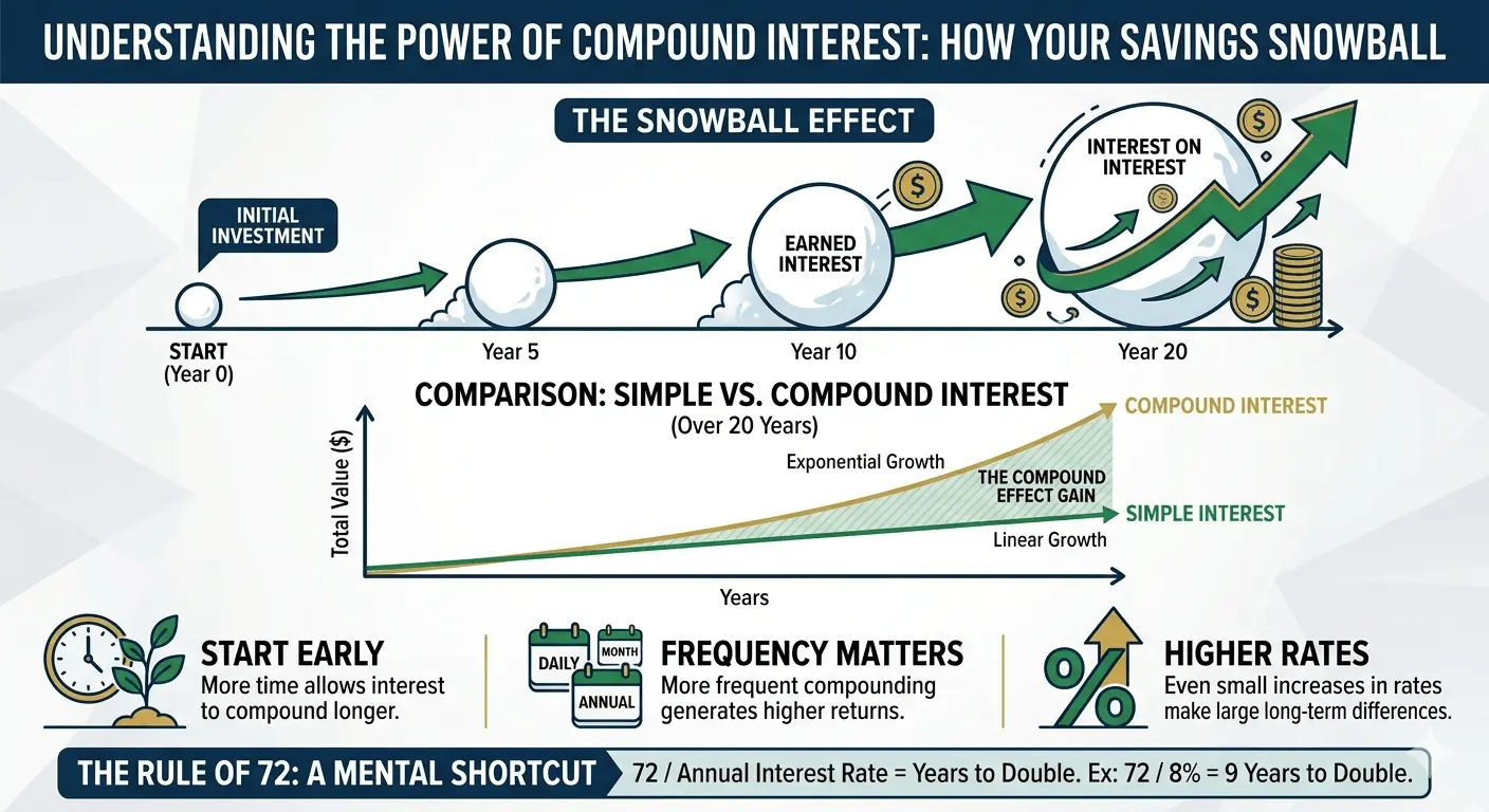 Understanding the power of compound interest, graph showing the yearly exponential growth compared to simple interest. With explanation of the rule of 72.
